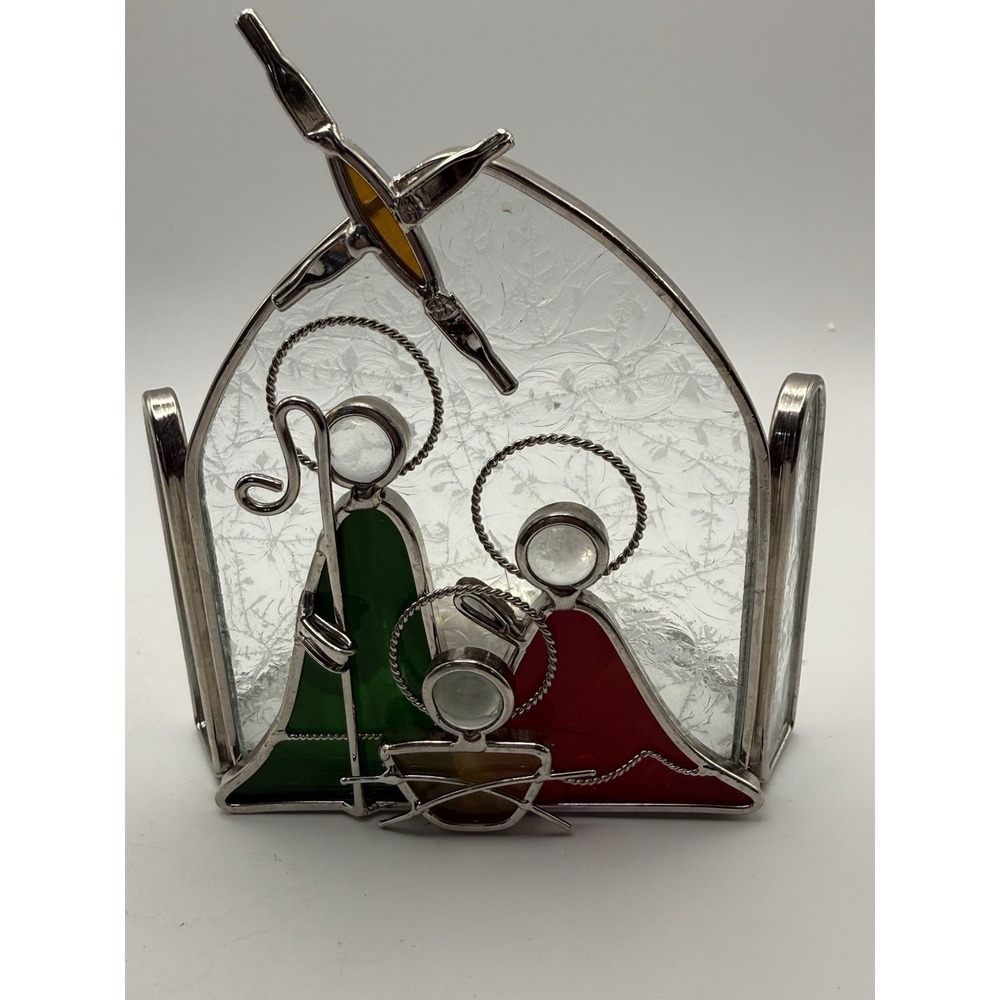 VTG Stained Glass Nativity Candle Holder 6" Holy Family Christmas Jesus Holiday